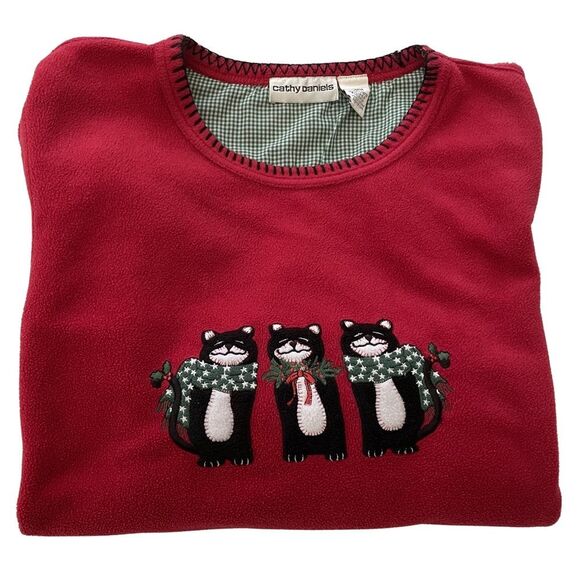 Vintage Cathy Daniels Christmas Kitty Cat Fleece Pullover Red Size Large - Picture 4 of 7